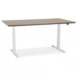 Bureau assis-debout électrique ‘BIONIK’avec plateau en bois finition Noyer et pied en métal blanc – 150×70 cm
