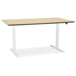 Bureau assis-debout électrique ‘BIONIK’avec plateau en bois finition naturelle et pied en métal blanc – 150×70 cm