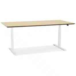 Bureau assis-debout électrique ‘BIONIK’avec plateau en bois finition naturelle et pied en métal blanc – 180×90 cm