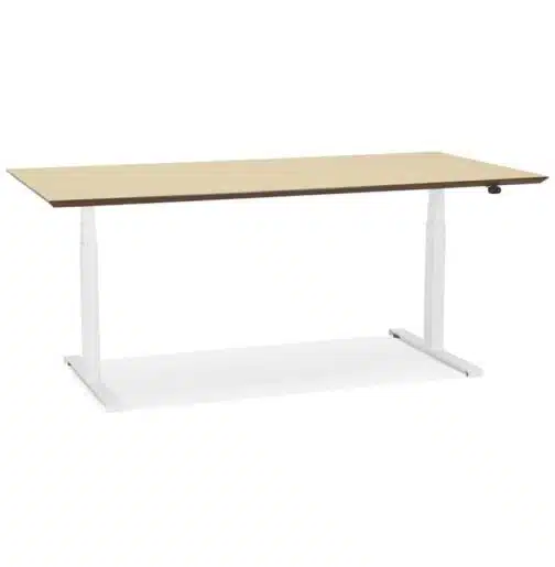 Bureau assis-debout électrique 'BIONIK'avec plateau en bois finition naturelle et pied en métal blanc - 180x90 cm