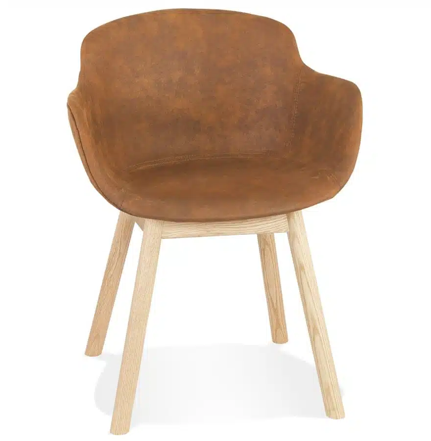 Chaise avec accoudoirs ‘RUPERT’ en microfibre brune et pieds en bois naturel