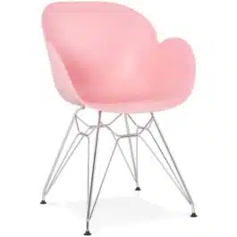 Chaise moderne ‘UNAMI’ rose en matière plastique avec pieds en métal chromé