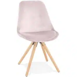 Chaise vintage ‘RICKY’ en velours rose et pieds en bois naturel