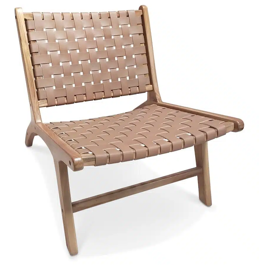 Fauteuil lounge ‘LONGO’ en bois de Teck naturel et cuir brun