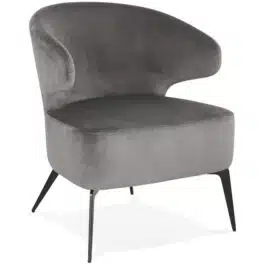 Fauteuil lounge design ‘VICTOR’ en velours gris et pieds en métal noir