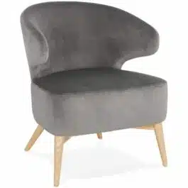 Fauteuil lounge vintage ‘LUXY’ en velours gris et pieds en bois finition naturelle