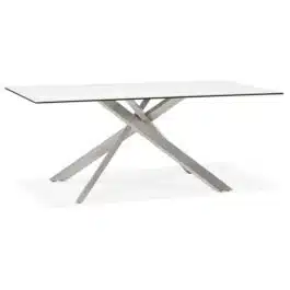 Table à diner ‘MARKINA’ en céramique blanche avec pied central en métal – 180×90 cm