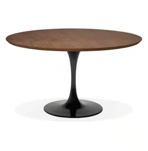 Table à dîner  / de bureau ronde design 'GLOBO' en bois finition Noyer et pied central en métal noir - Ø120 cm