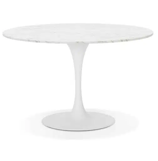 Table à dîner ronde 'WITNEY' en pierre blanche effet marbre et métal blanc - Ø 120 cm