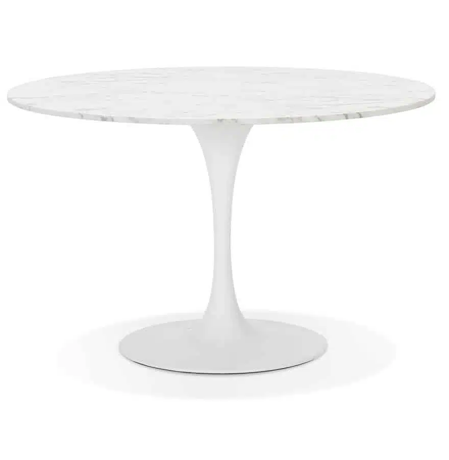 Table à dîner ronde 'WITNEY' en pierre blanche effet marbre et métal blanc - Ø 120 cm