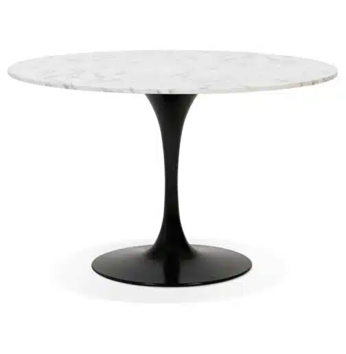 Table à dîner ronde 'WITNEY' en pierre blanche effet marbre et métal noir - Ø 120 cm
