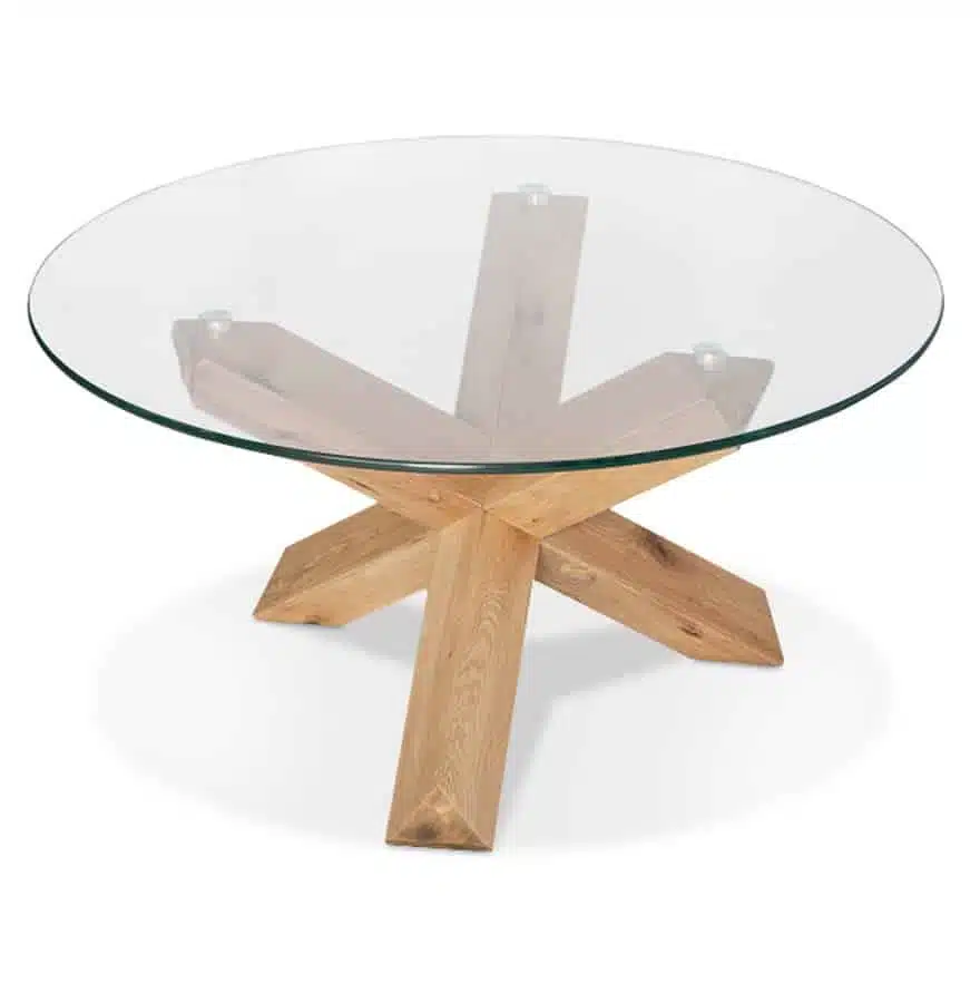 Table basse de salon ‘MAGIK’ ronde en verre et bois massif