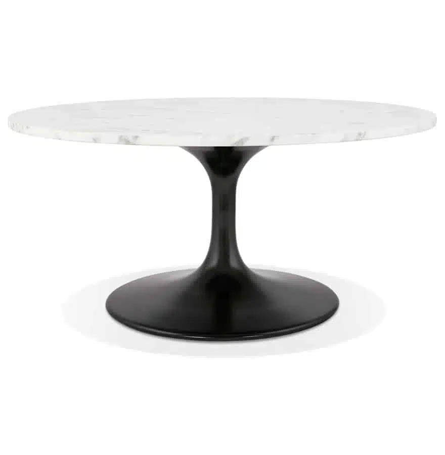 Table basse de salon ‘URSUS MINI’ en pierre blanche effet marbre avec un pied central noir