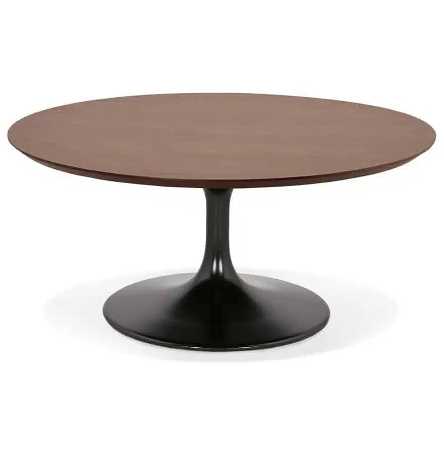Table basse de salon ronde ‘BUSTER MINI’ en bois finition Noyer et pied en métal noir – Ø 90 cm