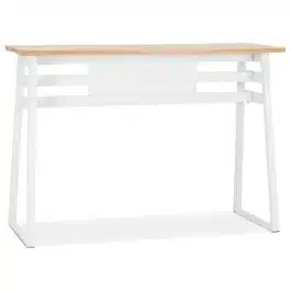 Table de bar haute ‘NIKI’ en bois finition naturelle et pied en métal blanc – 150×60 cm