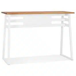 Table de bar haute ‘NIKI’ en bois massif et pied en métal blanc – 150×60 cm