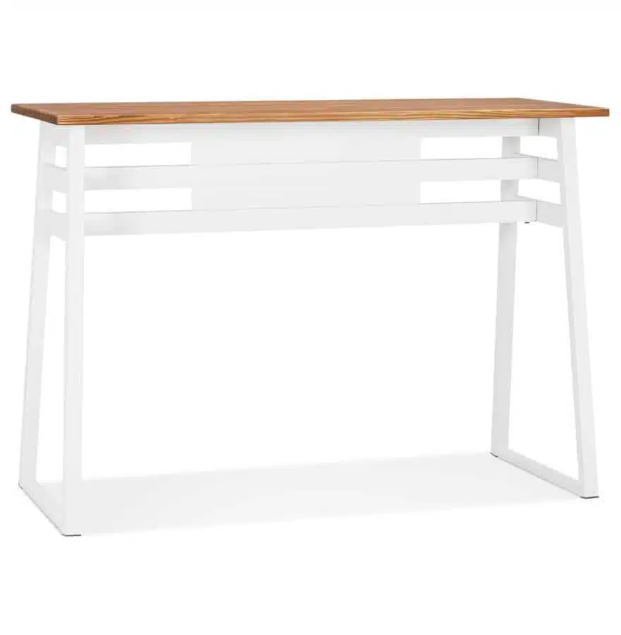 Table de bar haute 'NIKI' en bois massif et pied en métal blanc - 150x60 cm