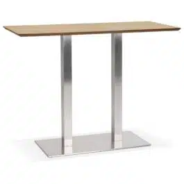 Table haute design ‘MAMBO BAR’ en bois finition naturelle avec pied en métal brossé – 150×70 cm