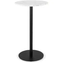 Table haute ronde ‘CORY ROUND’ en pierre blanche effet marbre et métal noir – 60×60 cm