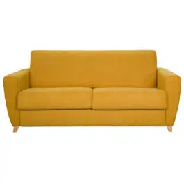 Canapé convertible 3 places en tissu jaune moutatde et bois clair avec matelas L140 cm 12 cm GRAHAM
