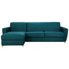 Canapé d’angle convertible réversible avec coffre 4 places en tissu bleu canard et bois clair GRAHAM