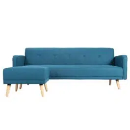 Canapé d’angle convertible réversible scandinave 4 places en tissu bleu canard et bois clair ULLA