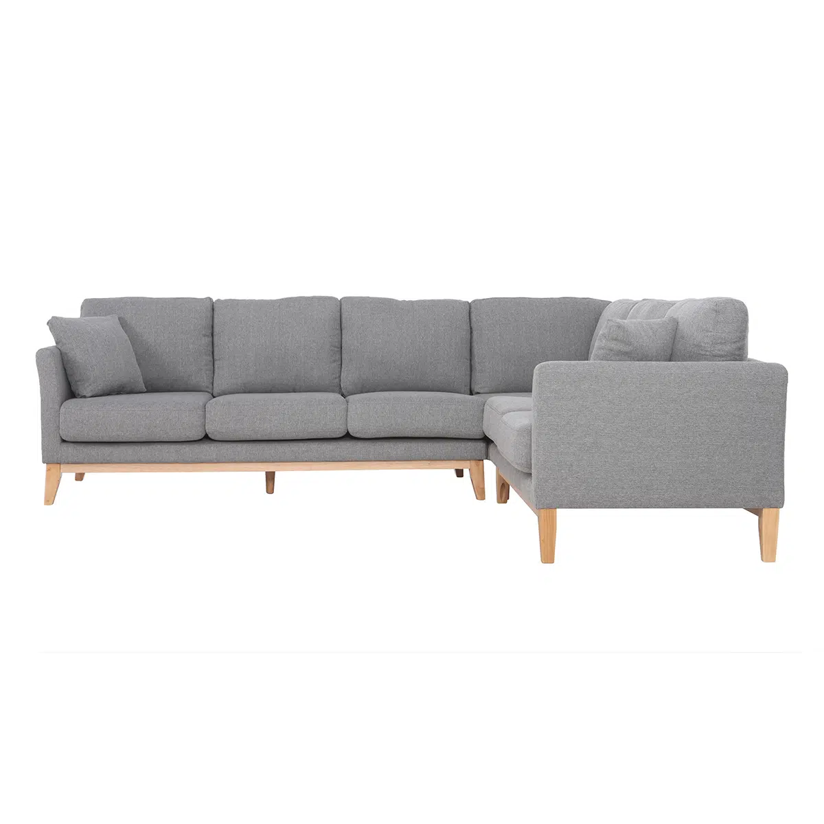 Canapé d'angle déhoussable scandinave 5-6 places en tissu gris clair et bois clair OSLO