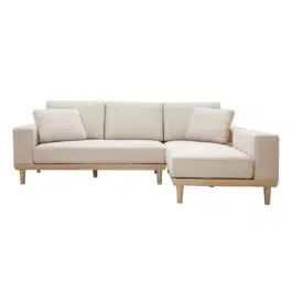 Canapé d’angle droit 5 places avec rangements en tissu effet velours texturé beige et bois clair KOMAO
