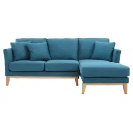 Canapé d’angle droit déhoussable 4 places en tissu bleu canard et bois clair OSLO