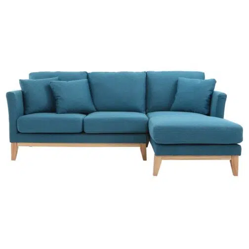 Canapé d'angle droit déhoussable 4 places en tissu bleu canard et bois clair OSLO