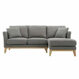 Canapé d’angle droit déhoussable 4 places en tissu gris clair et bois clair OSLO