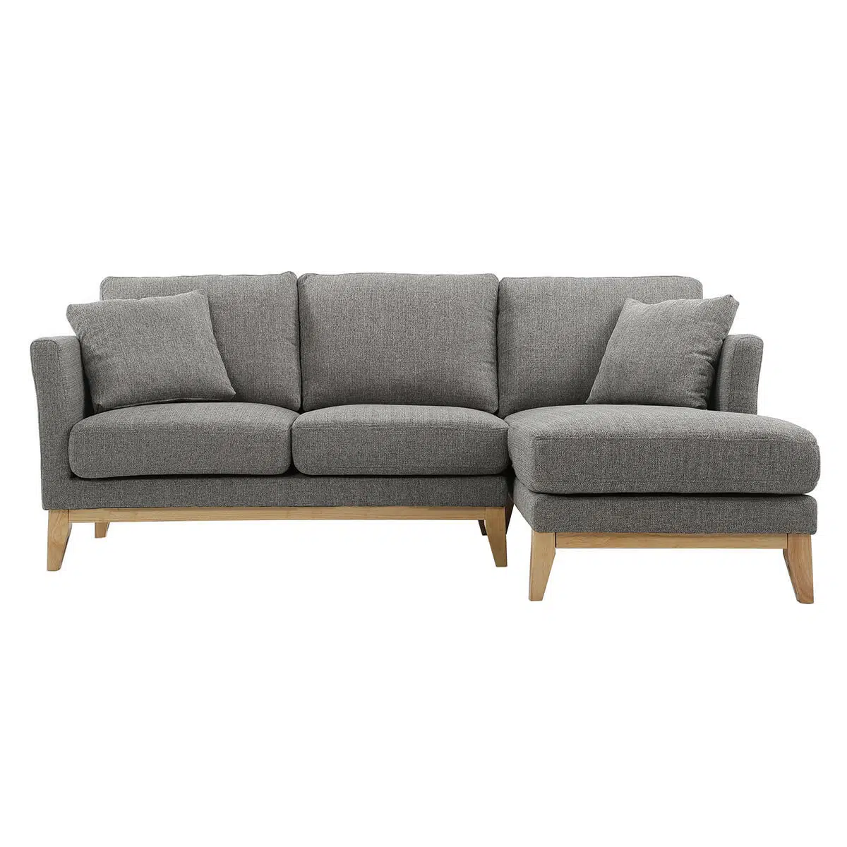 Canapé d'angle droit déhoussable 4 places en tissu gris clair et bois clair OSLO