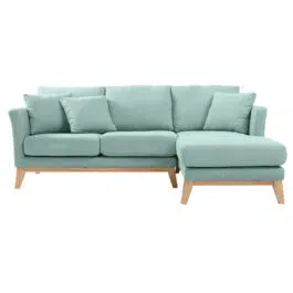 Canapé d’angle droit déhoussable 4 places en tissu vert lagon et bois clair OSLO