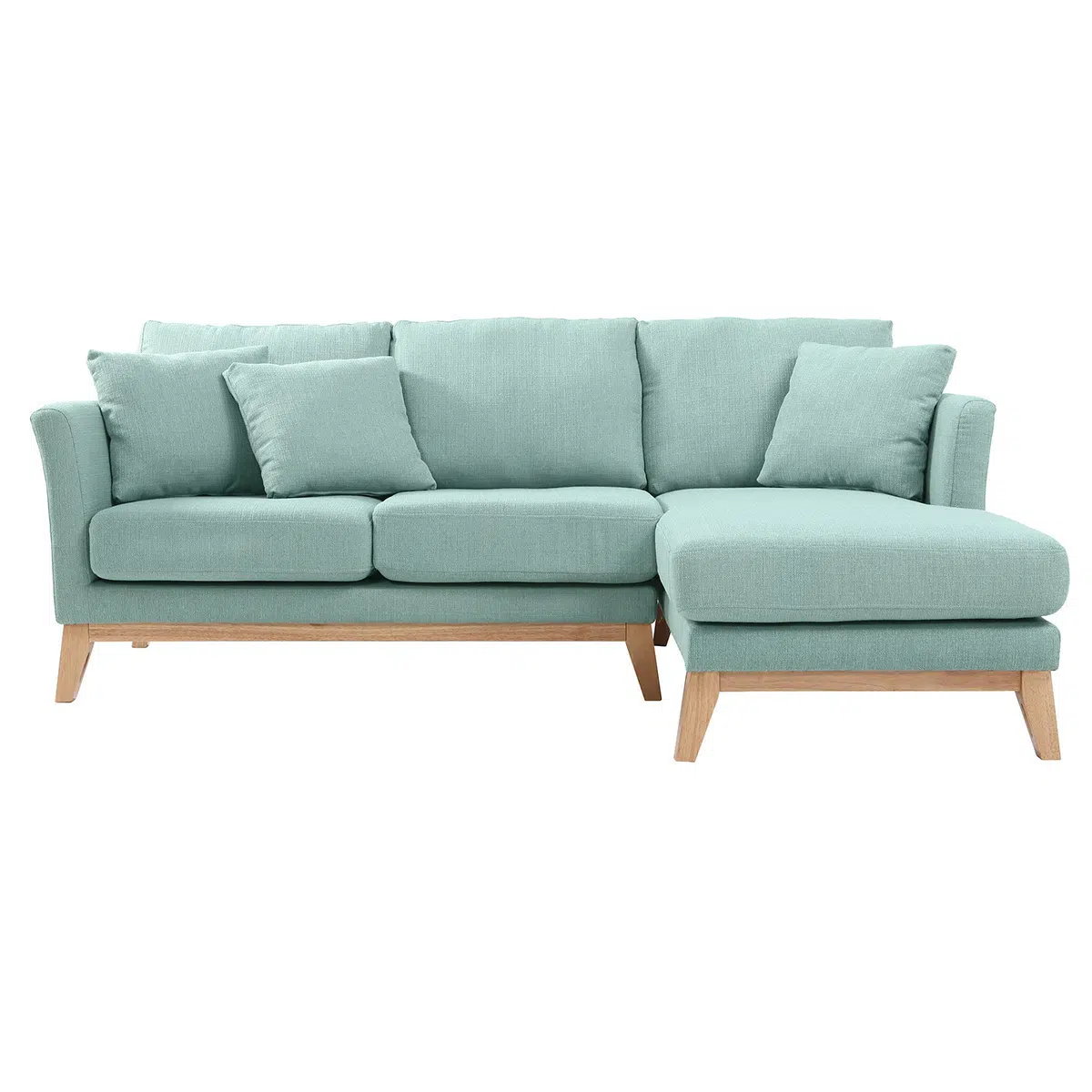 Canapé d'angle droit déhoussable 4 places en tissu vert lagon et bois clair OSLO