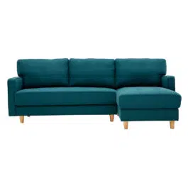 Canapé d’angle droit scandinave 3 places en tissu bleu canard et bois clair CUMBIA