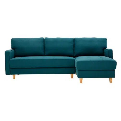 Canapé d'angle droit scandinave 3 places en tissu bleu canard et bois clair CUMBIA