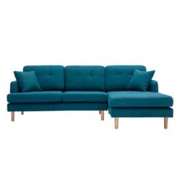 Canapé d’angle droit scandinave 4 places en tissu bleu canard et bois clair CODDY