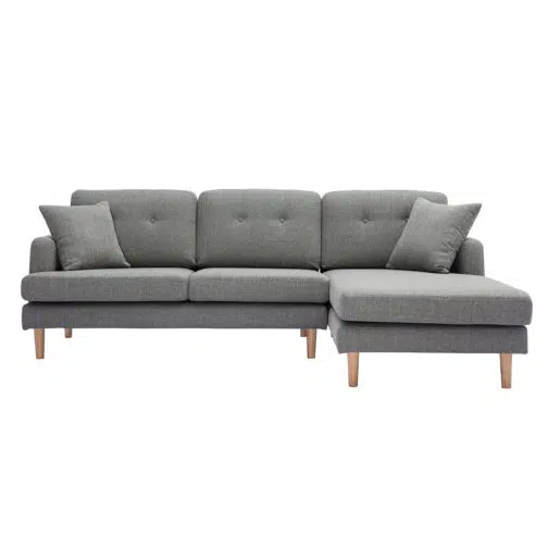 Canapé d'angle droit scandinave 4 places en tissu gris clair et bois clair CODDY