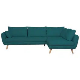 Canapé d’angle droit scandinave 5 places en tissu bleu paon et bois clair CREEP