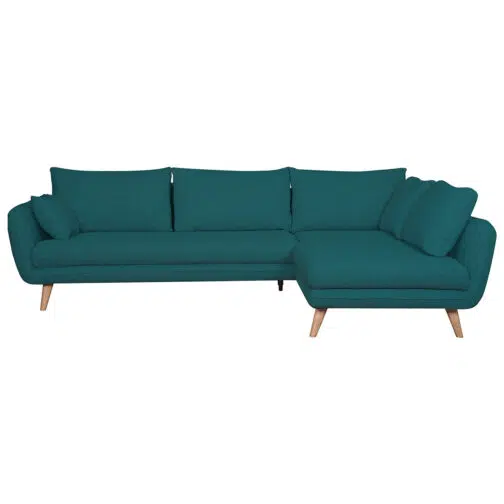 Canapé d'angle droit scandinave 5 places en tissu bleu paon et bois clair CREEP