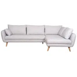 Canapé d’angle droit scandinave 5 places en tissu gris clair chiné et bois clair CREEP