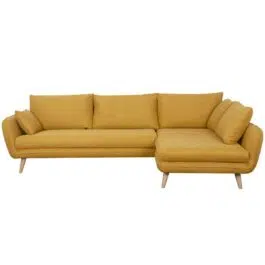 Canapé d’angle droit scandinave 5 places en tissu jaune cumin et bois clair CREEP