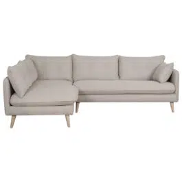 Canapé d’angle gauche scandinave 5 places en tissu beige et bois clair GUILTY