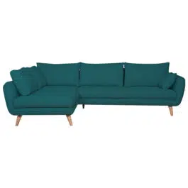 Canapé d’angle gauche scandinave 5 places en tissu bleu paon et bois clair CREEP