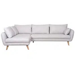 Canapé d’angle gauche scandinave 5 places en tissu gris clair chiné et bois clair CREEP