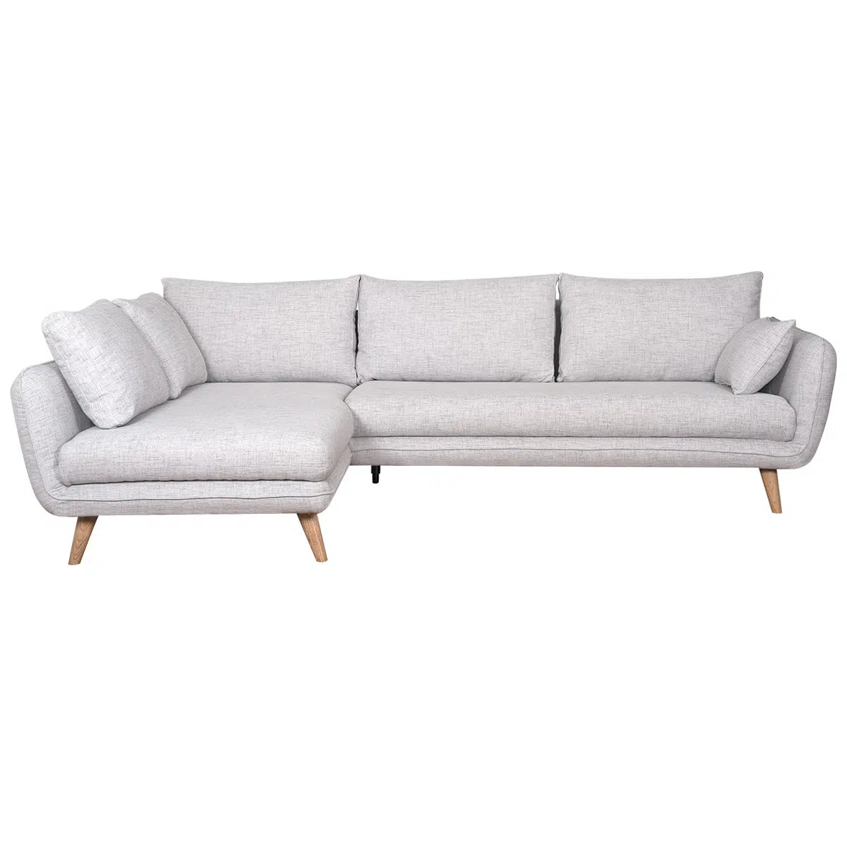 Canapé d'angle gauche scandinave 5 places en tissu gris clair chiné et bois clair CREEP