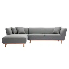 Canapé d’angle gauche scandinave 5 places en tissu gris et bois clair STUART