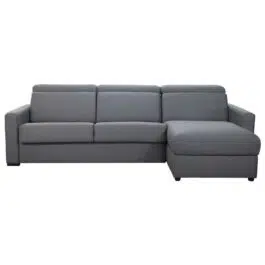 Canapé d’angle réversible et convertible avec coffre et têtières ajustables 4 places en tissu gris NORO