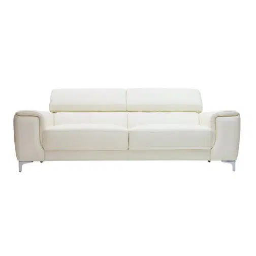 Canapé design avec têtières ajustables 3 places cuir blanc et acier chromé NEVADA