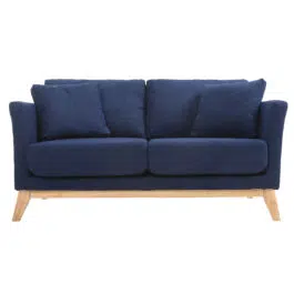 Canapé scandinave déhoussable 2 places en tissu bleu foncé et bois clair OSLO